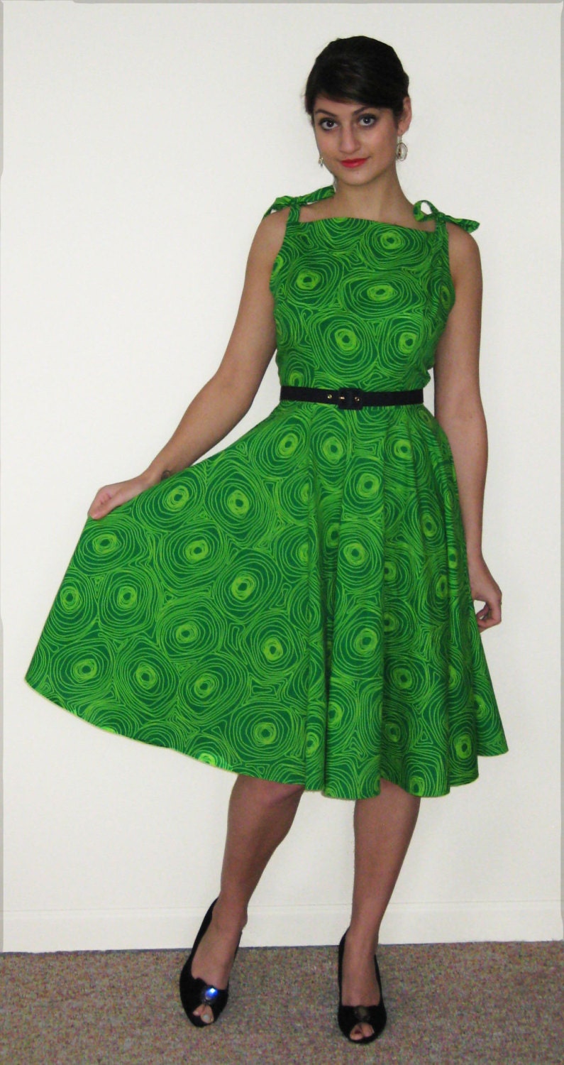 Green Cotton Print Dress Vintage Style Circle Skirt Recycled Fabric Eco Friendly Made to Measure