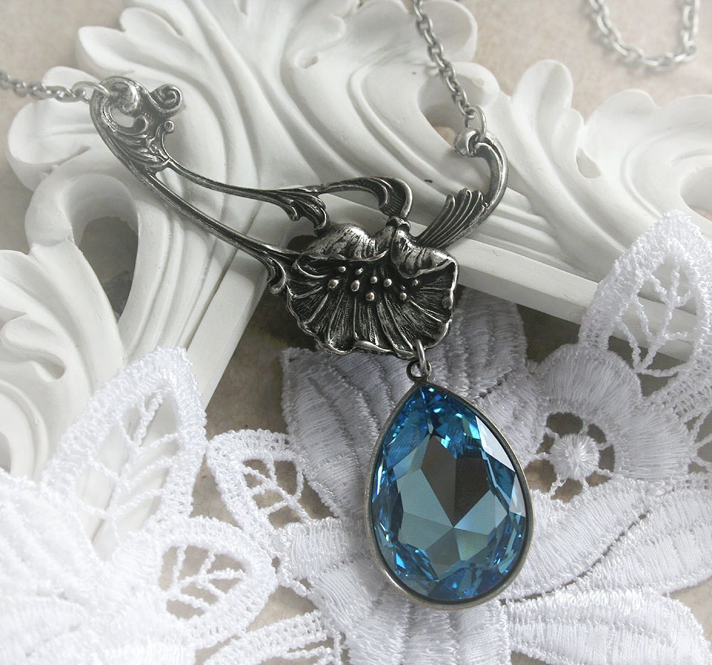 SOMETHING BLUE romantic vintage fantasy inspired lily asymmetrical bridal necklace with Swarovski crystal, free gift boxing