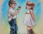 LOVE YOU, couple, kids, sweethearts, cute, original reproduction,by Laurie Shanholtzer  8x10