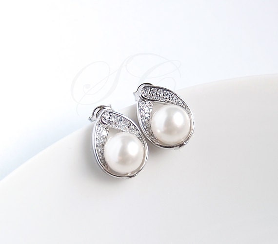 Bridal pearl earrings - cubic zirconia teardrop posts, Crystal White Swarovski pearls FREE SHIPPING