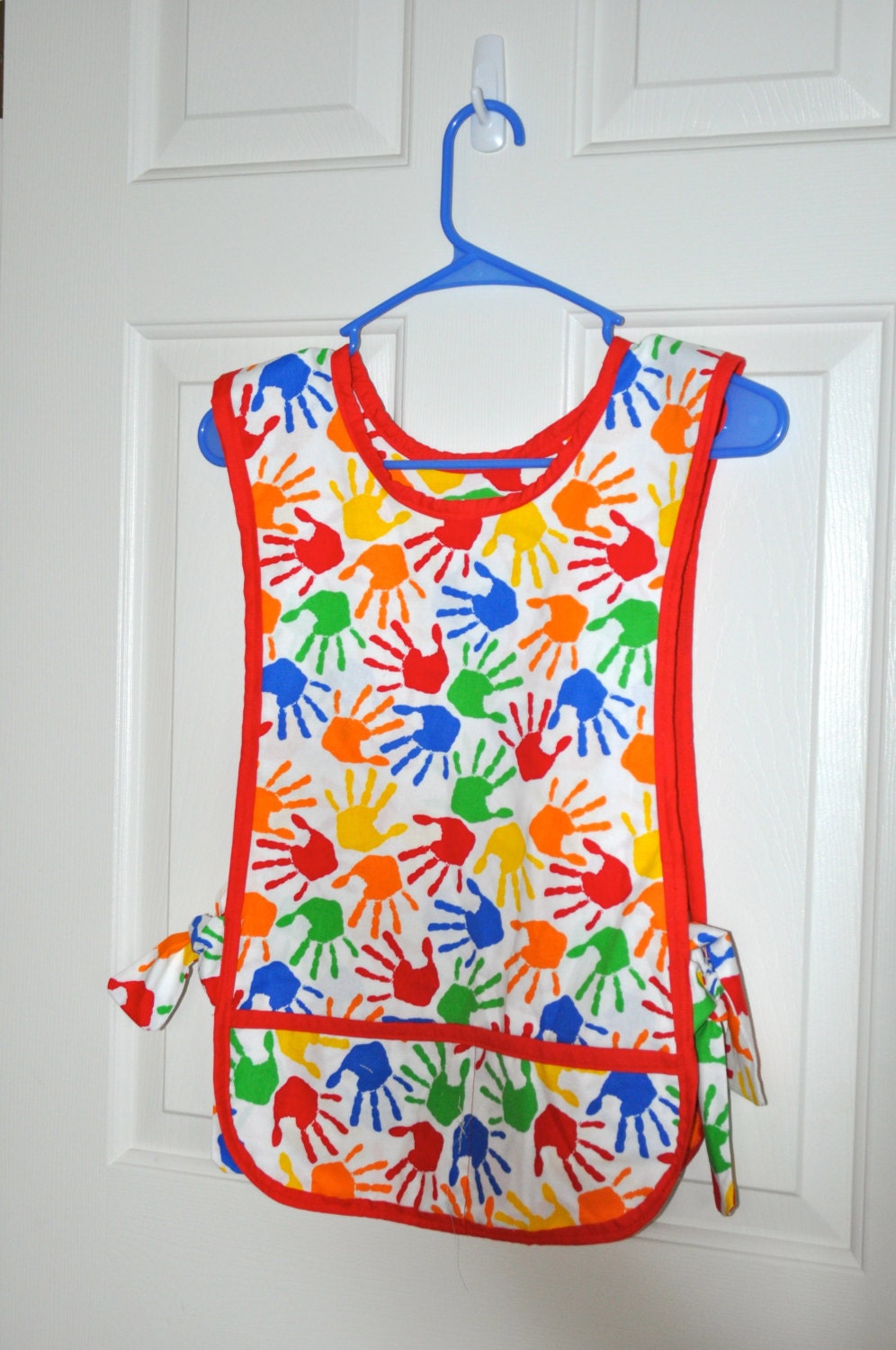 Child Craft smock/apron, garden apron.  Primary colors handprints, Fits sizes 3T-6, Ready to ship