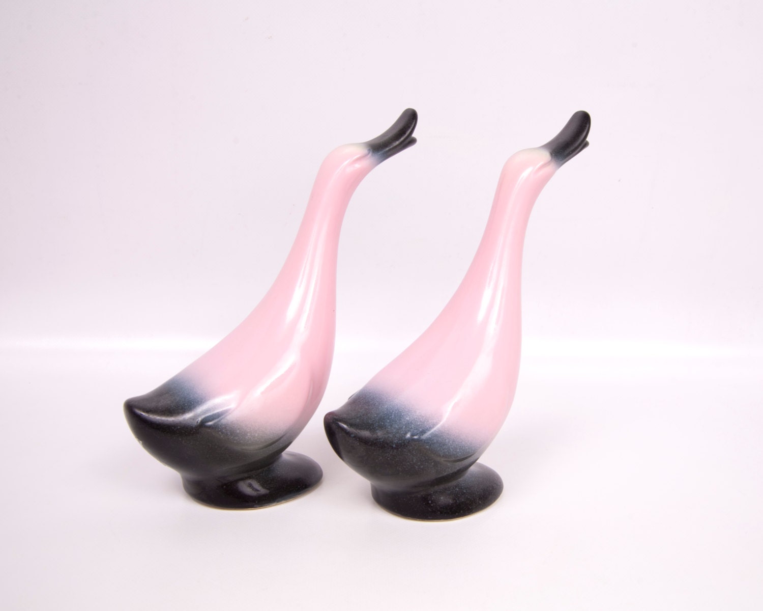 Vintage Pink Geese Figurines Stanford Sebring 1950s Pottery Pink Black Mad Men Mid Century