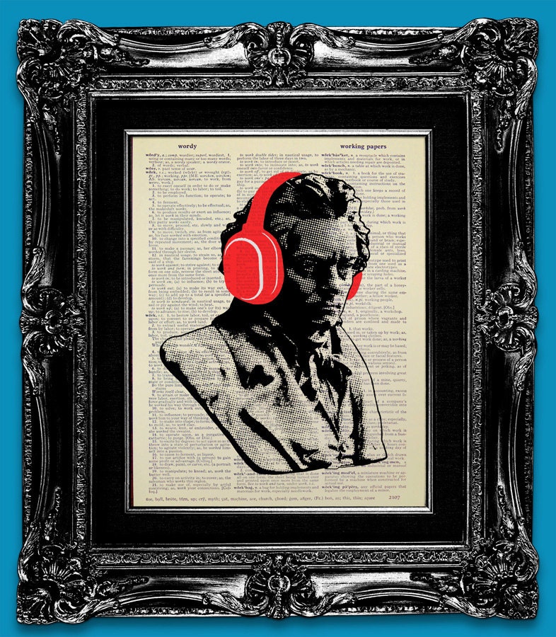 Music Print - Beethoven in Headphones - ORIGINAL ARTWORK Hand Painted Mixed Media art print on Vintage Dictionary page, Dictionary art