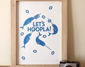Narwhal Print Let's Hoopla Screenprint poster by hello DODO - Whales Typography Metallic Blue