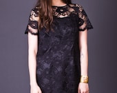 80s Vintage Black Lace Shift Dress