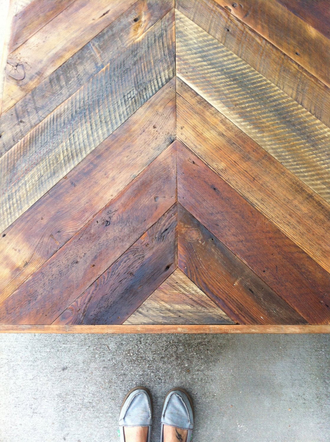 Reclaimed Barn wood Chevron herringbone COFFEE, entry way foyer loft console coffee sofa dining table.  Modern hairpin steel legs.