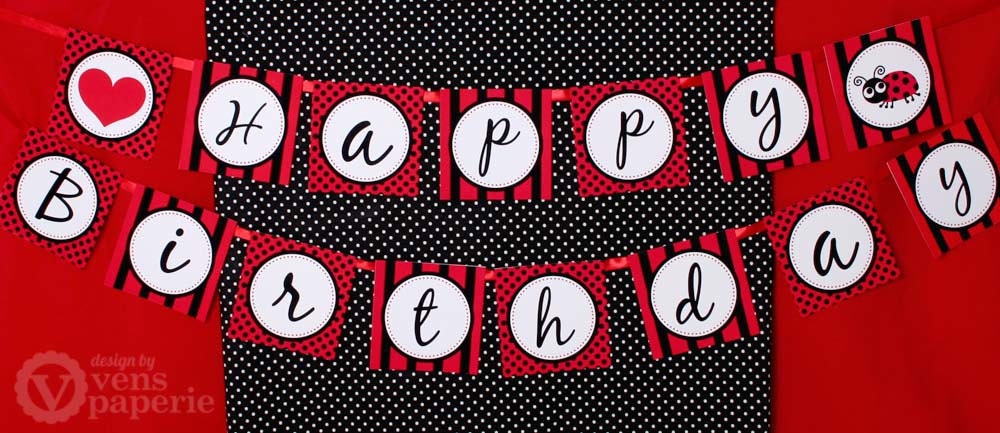 Red Lady Bug Birthday Party - DIY PRINTABLE Happy Birthday Banner - Instant Download - design by venspaperie - PS815CA1e
