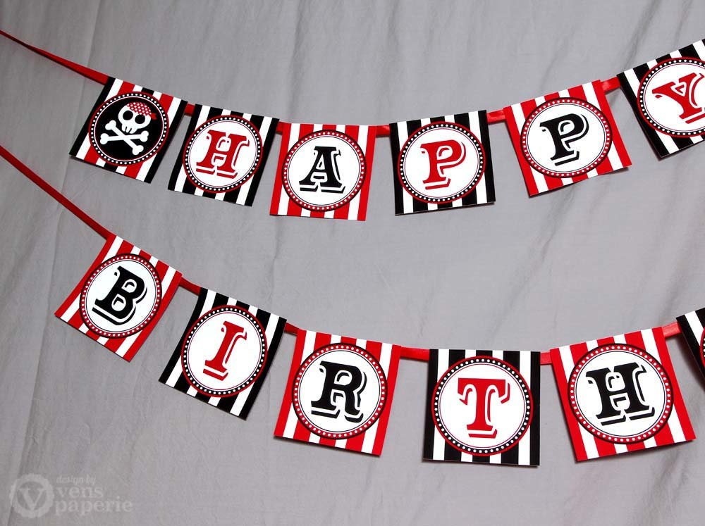 Red Pirate Birthday Party - DIY PRINTABLE Happy Birthday Banner - Instant Download - design by venspaperie - PS831CA1e