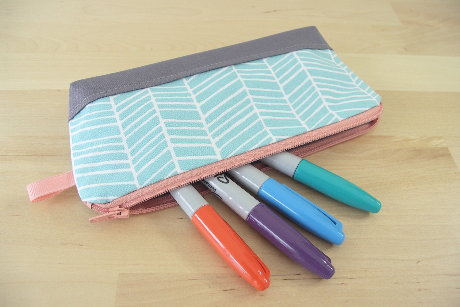Pencil Case, Zipper Pouch, Small Cosmetic Bag in Sky Blue Herringbone