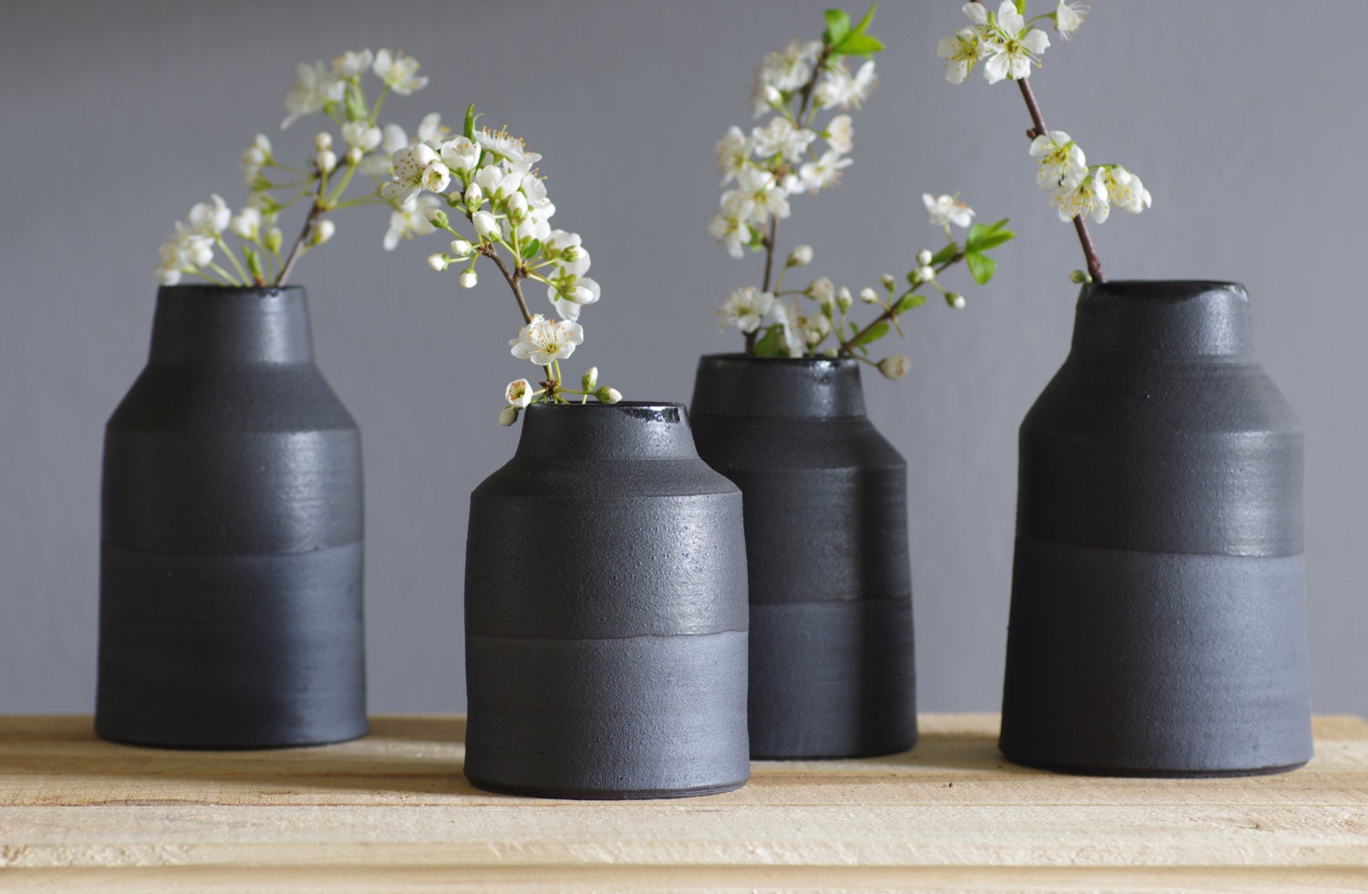 MTO 3 black ceramic vase / bottle set - matte black stoneware clay. modern minimal pottery ceramic