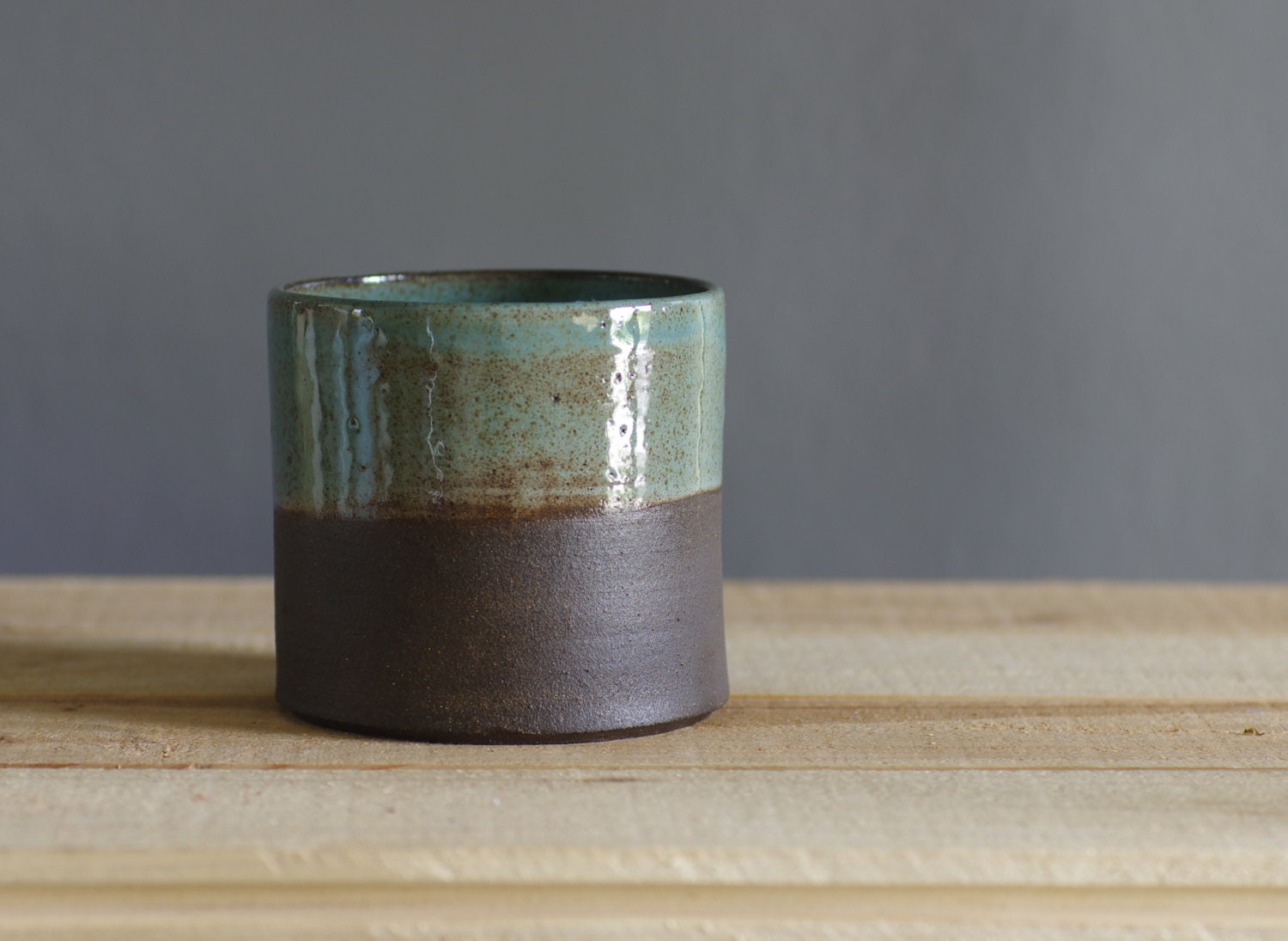 MTO brown and green cup . brown stoneware clay with sea green gloss glaze. minimal modern ceramic pottery ceramic