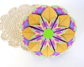 Round Origami Greeting Card - Bright Yellow, Green and Pink Tea Bag Folding Flower