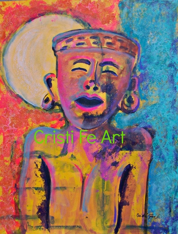 Abstract Mayan Sun Spirits Art, Minimalist, Mexican art , naive, original painting on paper 19" x 25" home decor