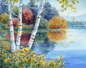 Birch Trees Original Watercolor Painting Autumn Fall 8x10 Janet Zeh