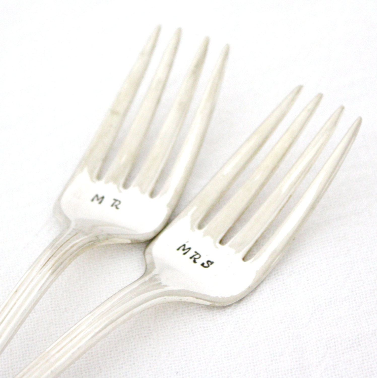 Mr and Mrs: Table Setting wedding forks- hand stamped silverware- wedding gift or engagement gift. Boho wedding decor.
