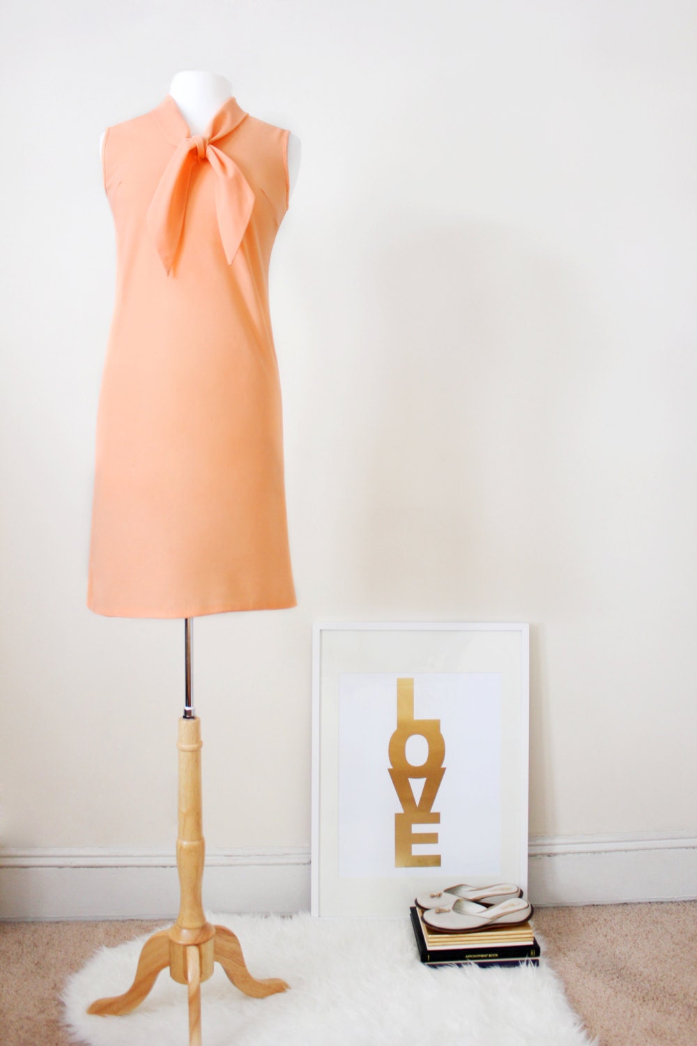 Vintage Mod 1960's Sherbet Orange Shift Dress - Mod Scooter Dress - Tie Neck Dress - Sailor Dress - Size Medium