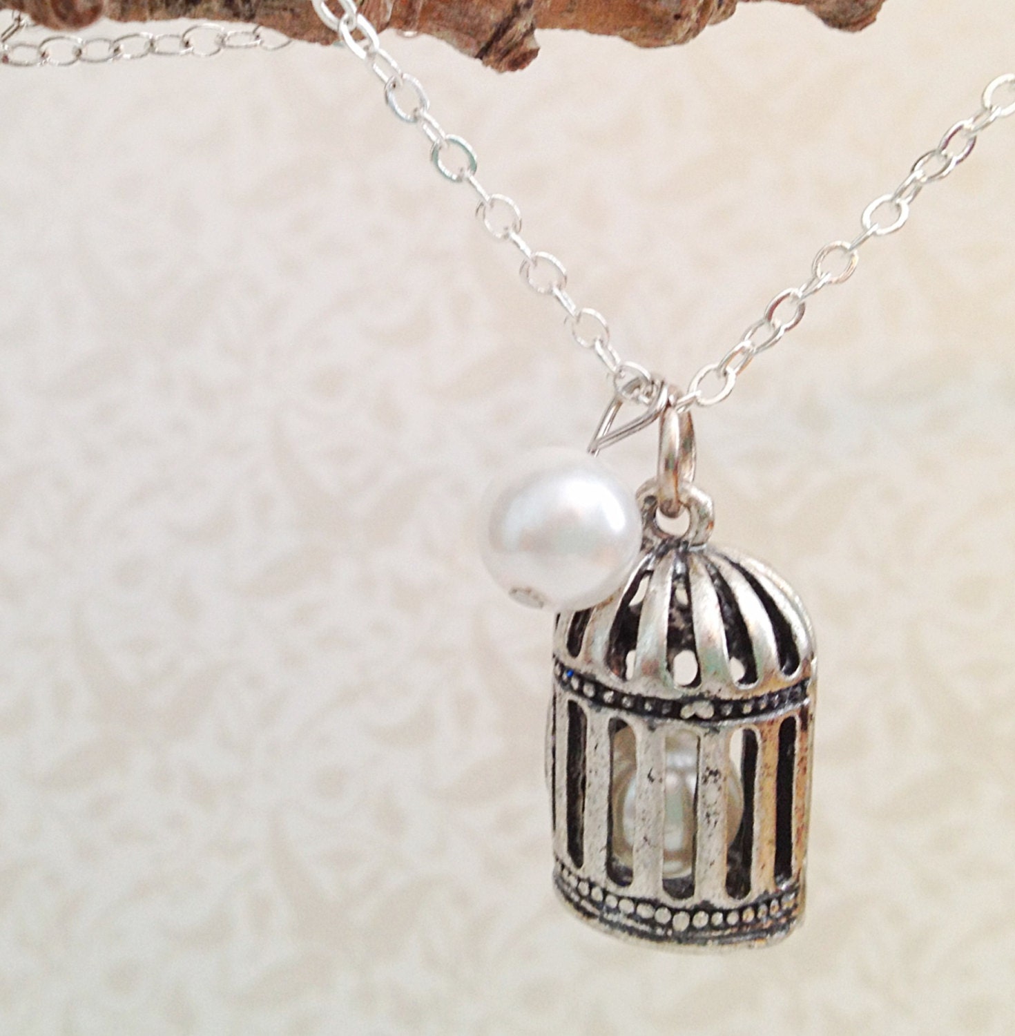 Vintage Style Miniature Birdcage Necklace. White Pearl. Romantic. Antique Silver Tone. Rustic Woodland. Bird Jewelry. Silver Chain. Dainty.