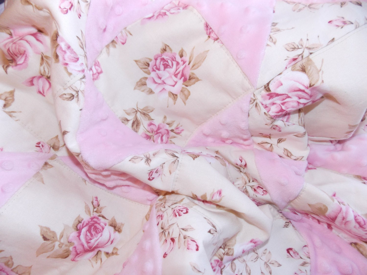 Shabby Chic Baby Girl Quilt Blanket in Pink Roses and Minky