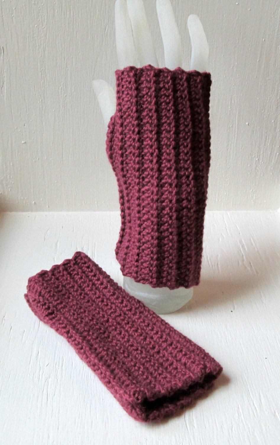 Eggplant Wool Angora Fingerless Gloves, Ribbed, Purple