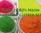 Totally 80's Neon Rainbow Glitter Set - Cosmetic Grade Glitter for Face, Body, Nail Art. Cometics, Makeup, Bright Colors