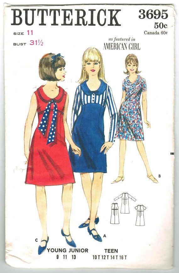Butterick 3695 Vintage 60s Empire Dress with Scoop Neck and Rounded Collar Sewing Pattern Size 11 Bust 31 1/2