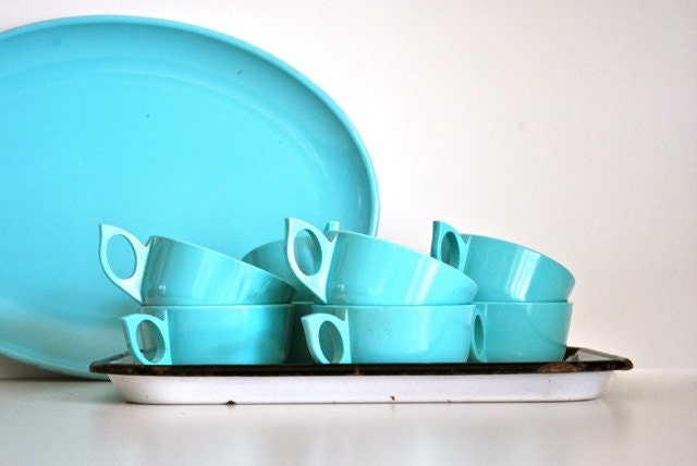Aqua Blue Melmac Cups and Platter