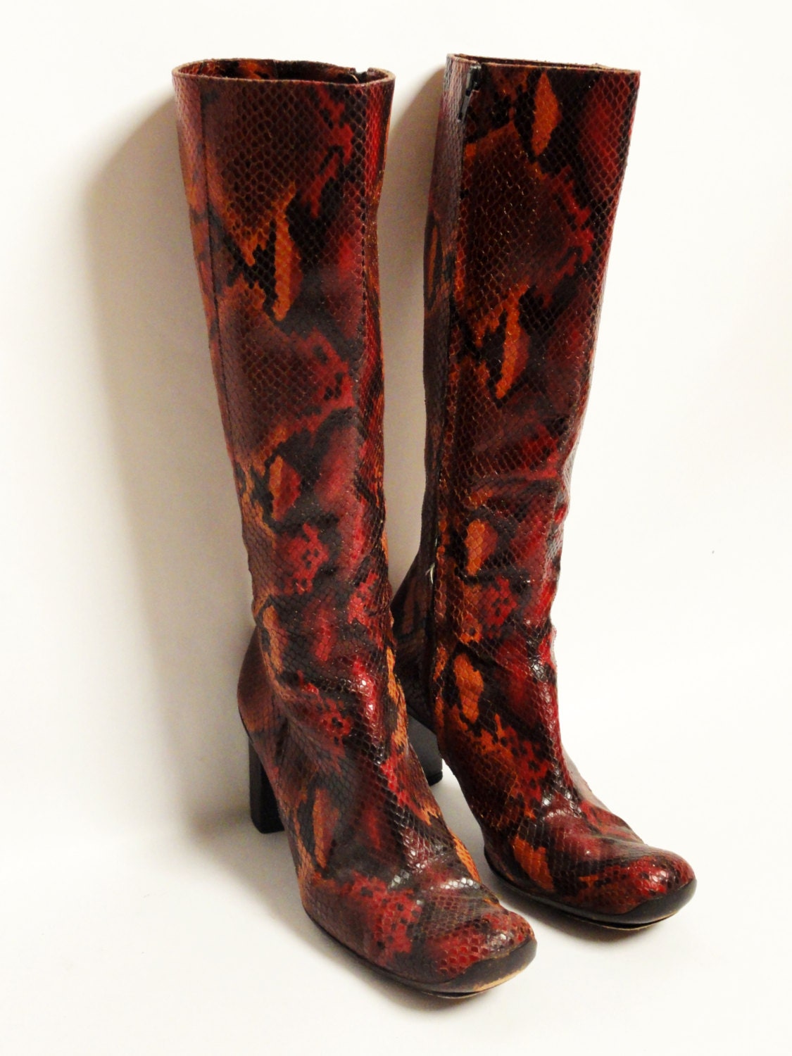 vintage 90s GRAYE snakeskin boots - red orange black snake skin - knee high boots - size 37 - 7 - 71/2 US womens