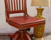 VINTAGE OFFICE CHAIR - Painted Red and Copper Distressed Mid Century Desk Wood