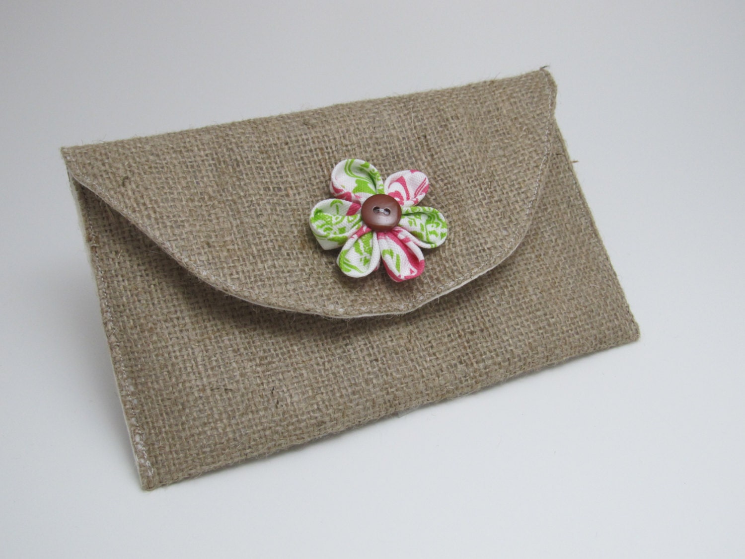Burlap Clutch Purse with Pink & Lime Spring Flower- Bridal Party Accessory