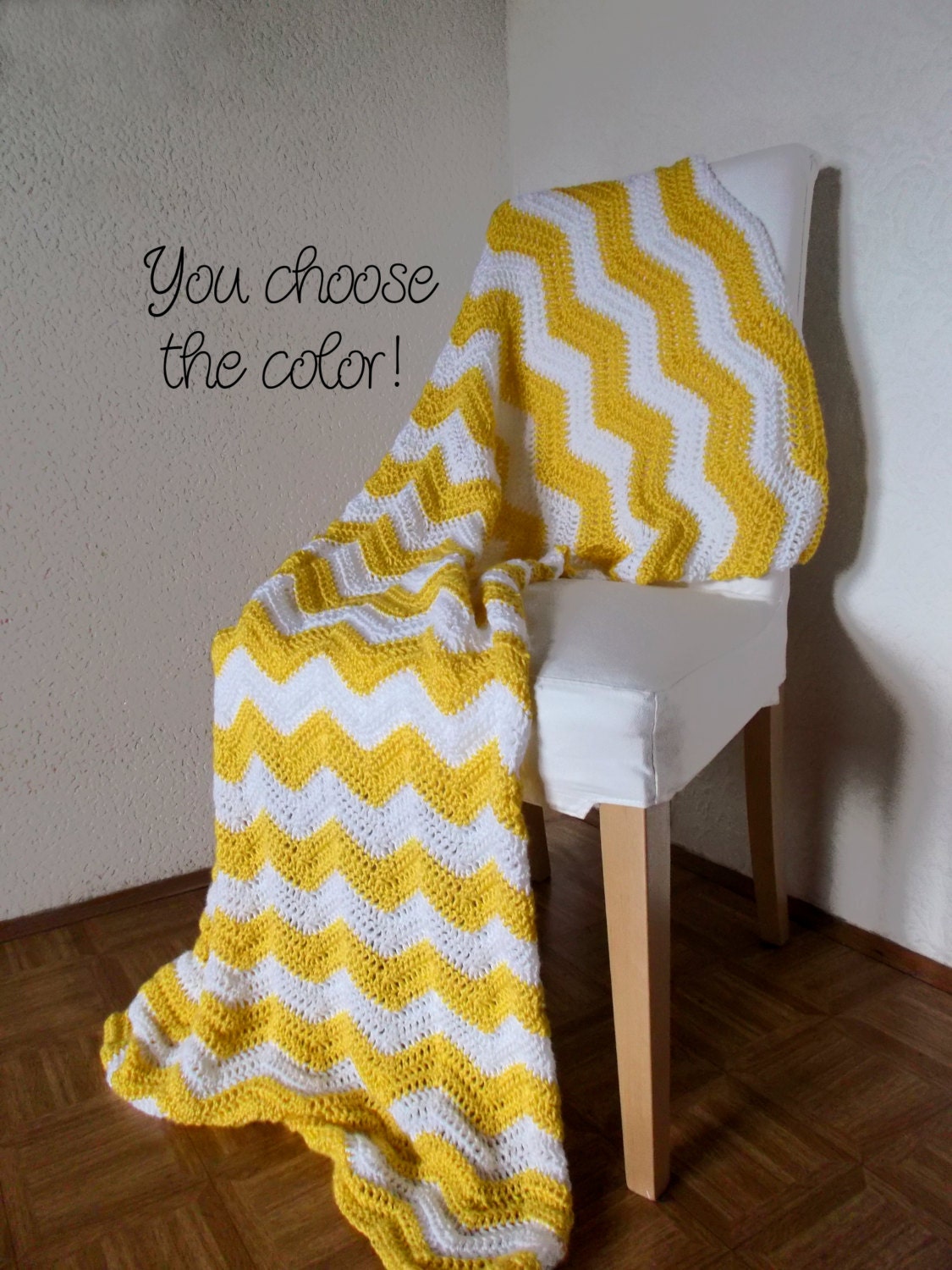 Chevron Afghan Throw Blanket Crochet - Bright Neon Yellow and White Striped Ripple Zig Zag - MTO - Many Colors Available