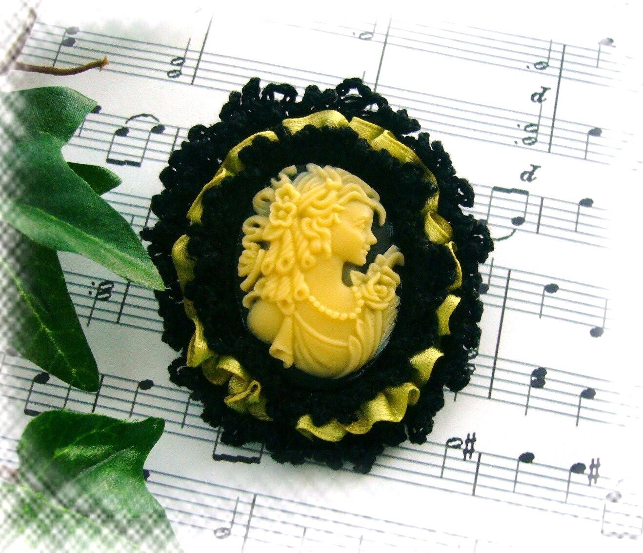 Cameo Brooch - Victorian Young Lady Black Yellow Cameo Brooch Pin