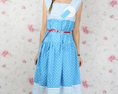 Vintage rockabilly sun dress - blue white polka dot stripes cotton sleeveless sun dress 80s M-L