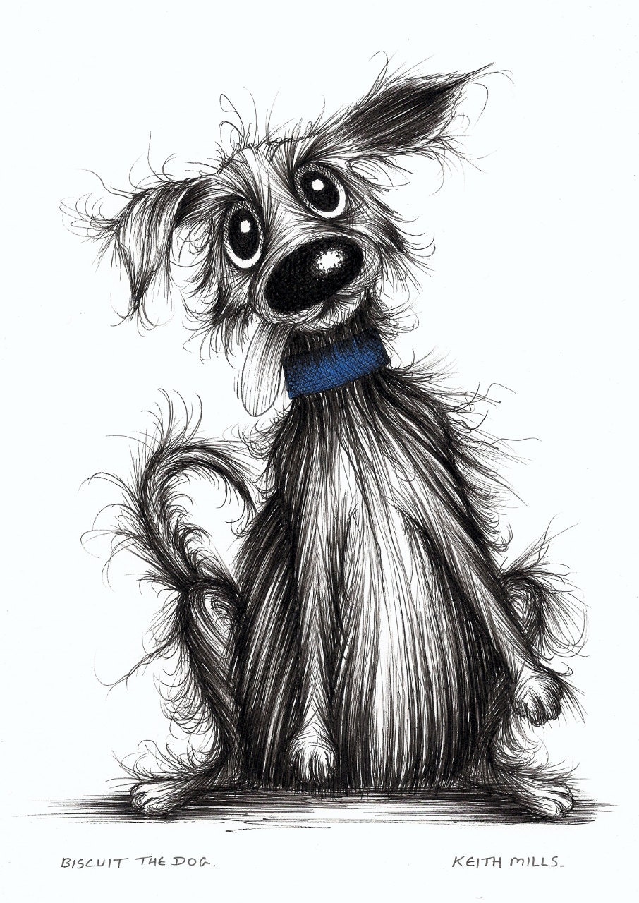 Biscuit the dog Hungry happy pet pooch Original funny ink pen sketch