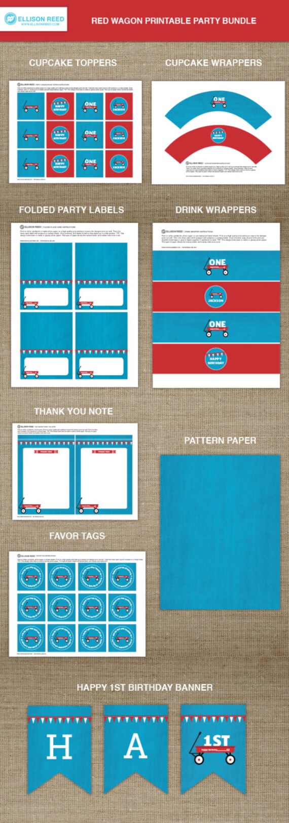 Red Wagon Printable - First birthday - Printable Party - Boy birthday - Girl birthday - Birthday Decorations - All American - Red - Blue Il_570xn