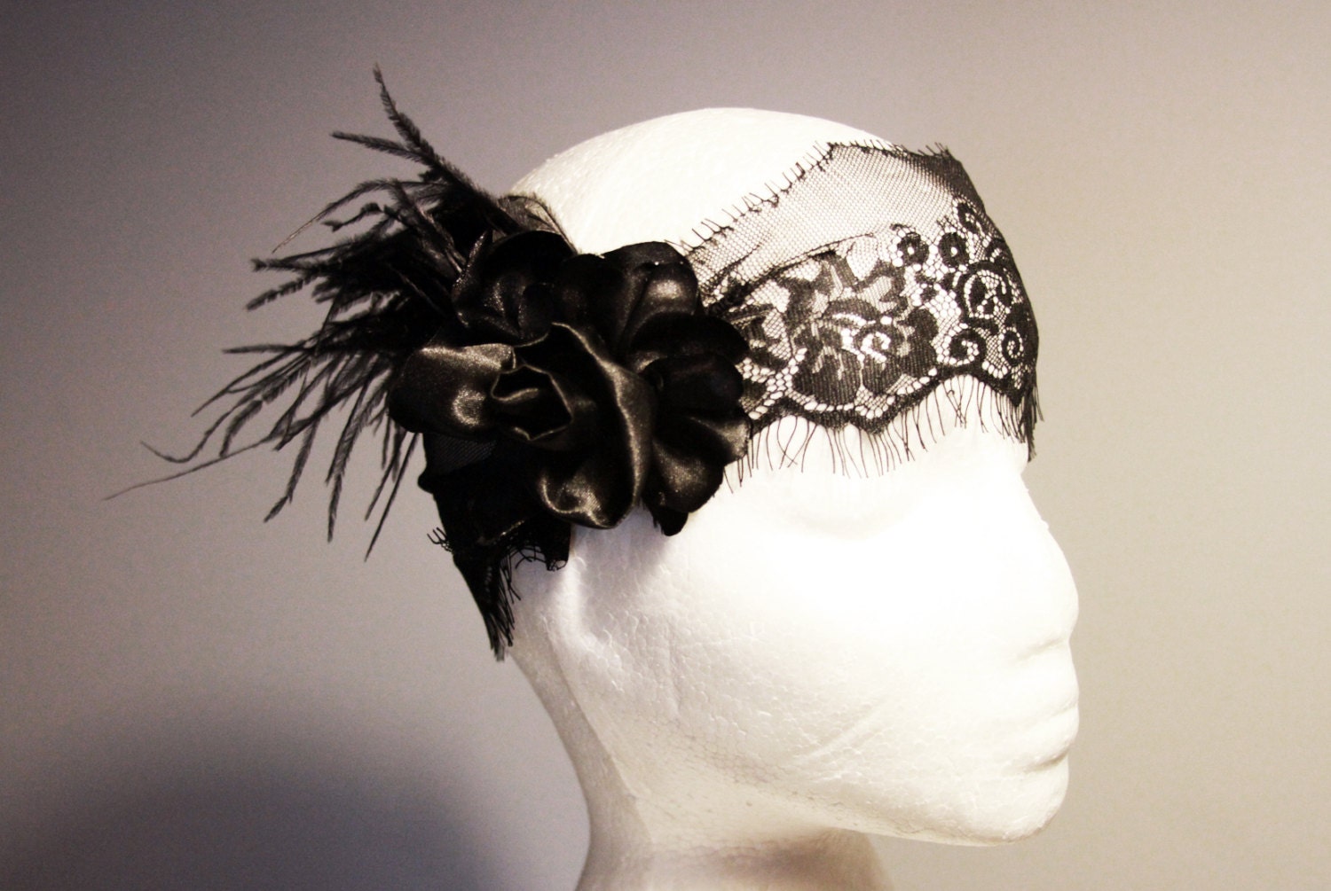 Feather Hair Piece Lace Headband - Flapper Girl Hairband Lace Hat Cap - Black Flower - 20s Inspired