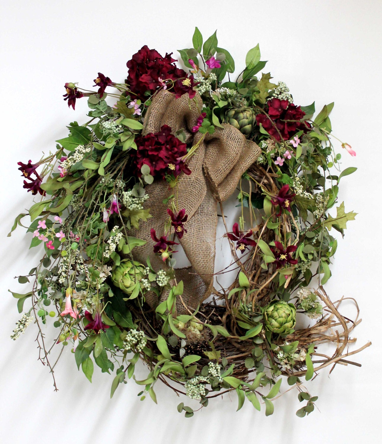 Country Wreath Hanging, Front Door Swag, Wildflowers, Burlap Bow, Summer Wreath, Nest with Eggs, Great for Country Decor -- FREE SHIPPING