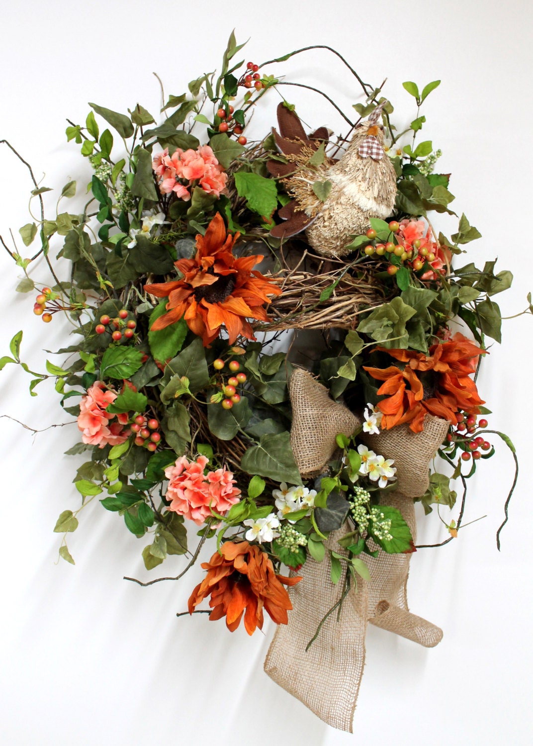 Country Front Door Wreath, Everyday Wreath, Straw Rooster, Elegant Sunflowers, Honeysuckle, Summer Wreath, Country Decor -- FREE SHIPPING