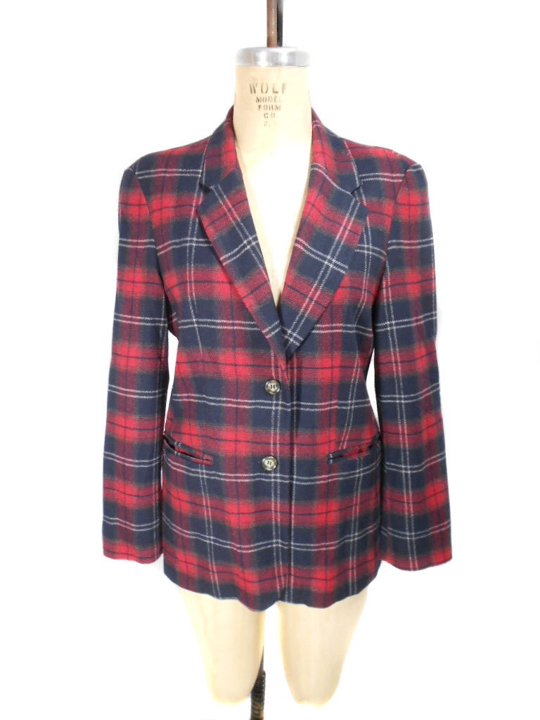 1980s United Colors of Benetton Plaid Blazer - Red White Blue Plaid Tartan - School Uniform Boyfriend Jacket - Size 42 - Size Medium