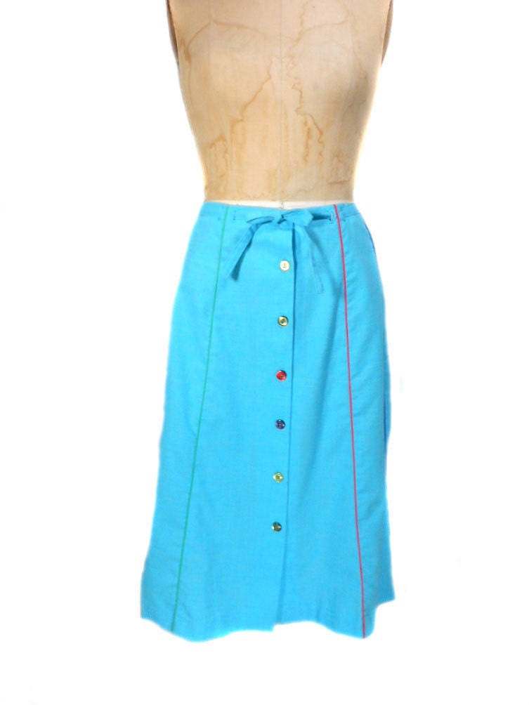 1970s Blue Rainbow Trim Skirt - A-Line Skirt - Button Front Skirt - Cotton - Size 18