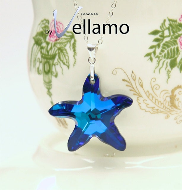 Starfish ocean blue Swarovski crystal pendant with sterling silver necklace necklace, Bermuda blue, sparkly peacock blue