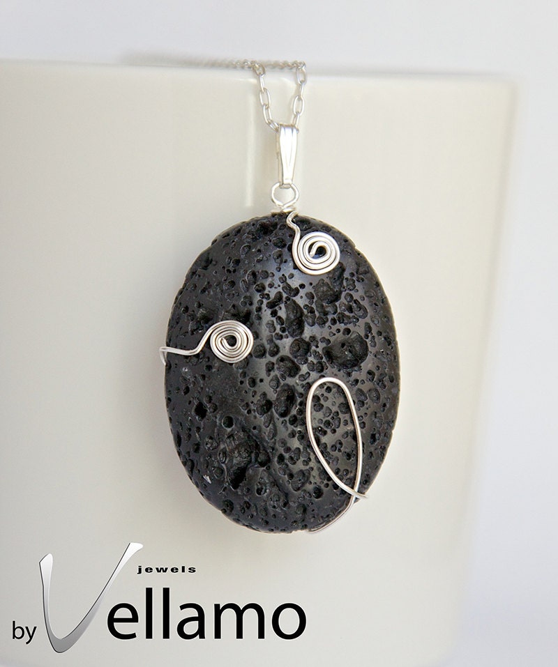 Beautiful black volcano lava pendant with sterling silver wire shapes, 45mm