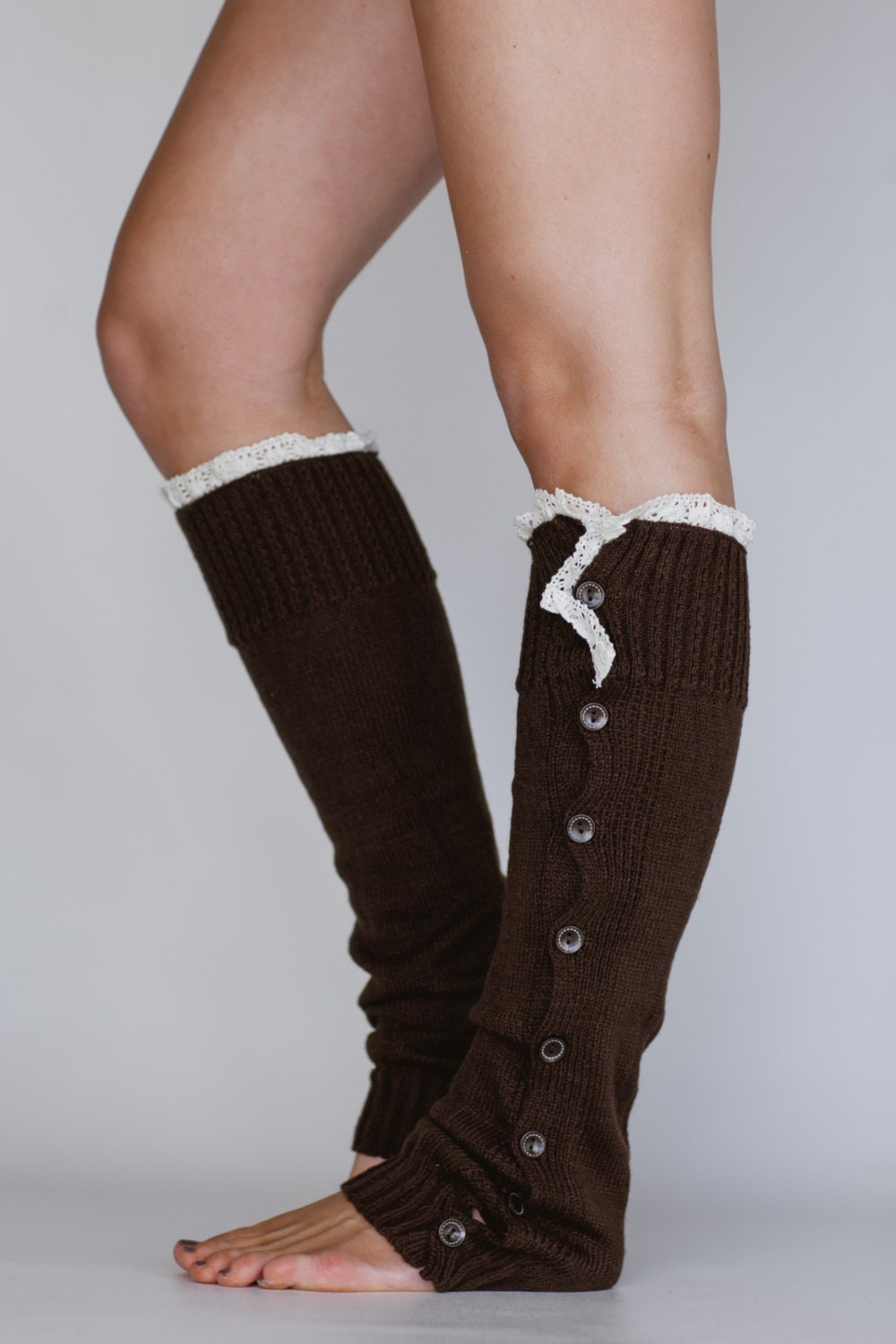 Dark Brown Lacy Knitted Button Down Leg Warmers with Crochet Lace Trim IN Coffee Brown Boot Socks