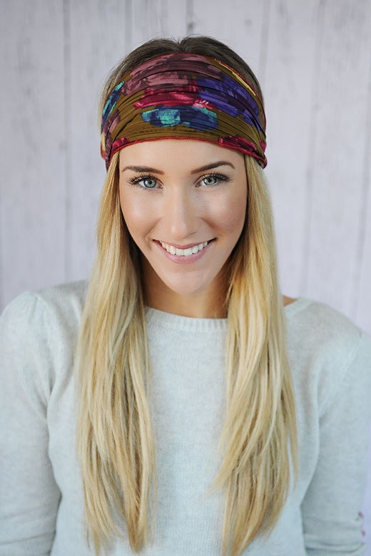 Olive Green Floral Pleated Headband with Elastic Back and Large Flower Print - One Floral Headband