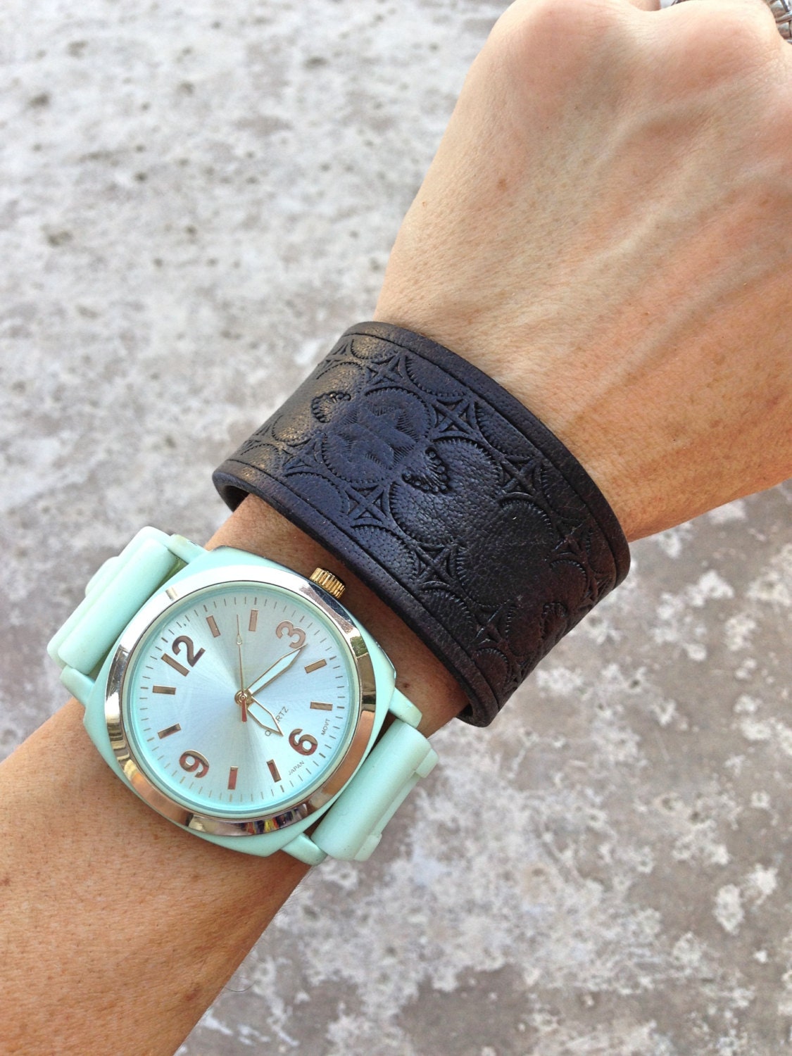 Vintage Cuff Jewelry Women's Leather Bracelet in Black with Tooled Accents Fashion Accessories Bohemian Cuff Bangles (CUFF10)