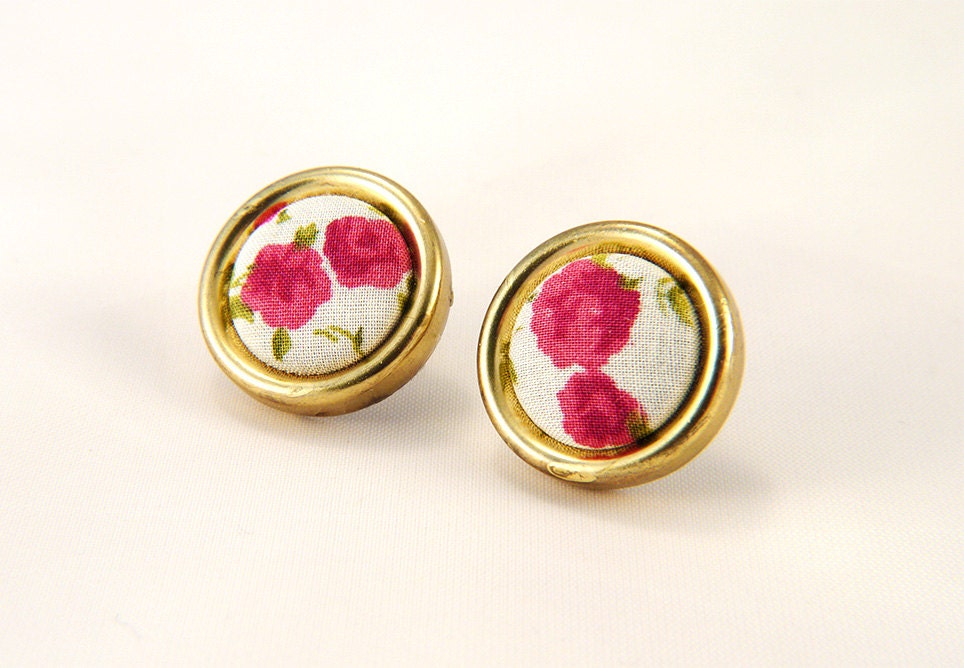 Liberty of London Fabric Flower Button Earrings for Sensitive Ears - Limited Edition OOAK Designer Patterned Fabric wrapped with a Brass Rim