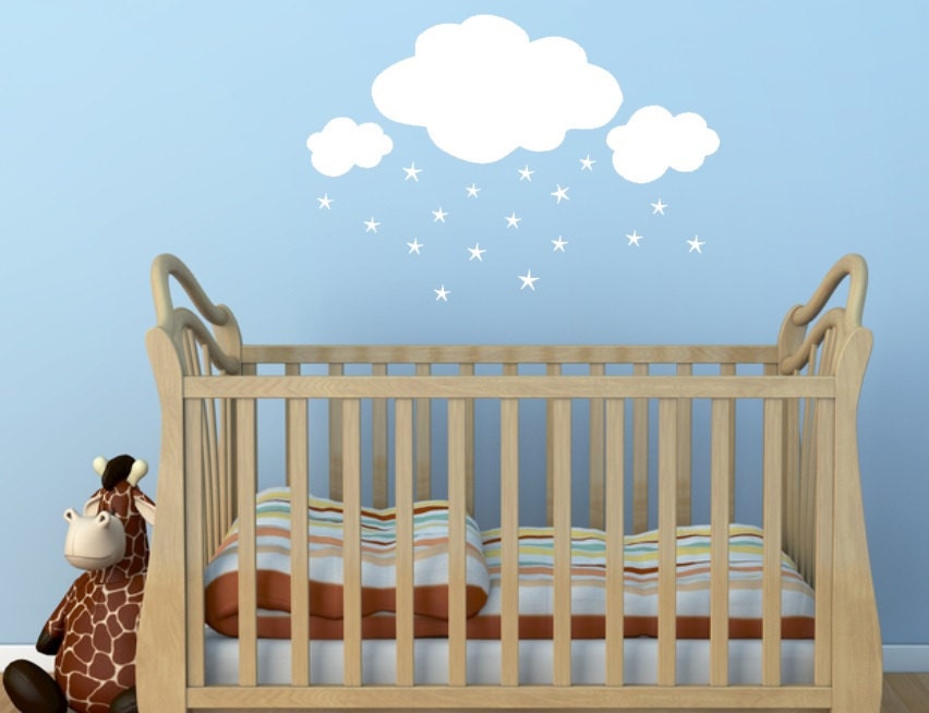 Clouds with falling stars. Custom Vinyl Wall Decal. Nursery decal or childrens room decal.