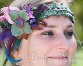 Tribal Fusion Belly Dance Fairy Headdress Hippie Crochet Flapper Feather Boho Gypsy Chic Headband Polymer Clay Flowers Summer Fairy Wedding