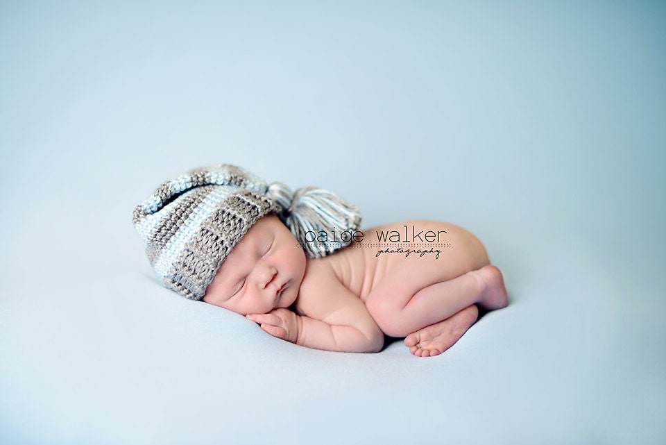 Newborn Boy Elf Hat, Short Pixie Hat, Newborn Boy Photo Prop, Blue and Grey Stocking Cap.