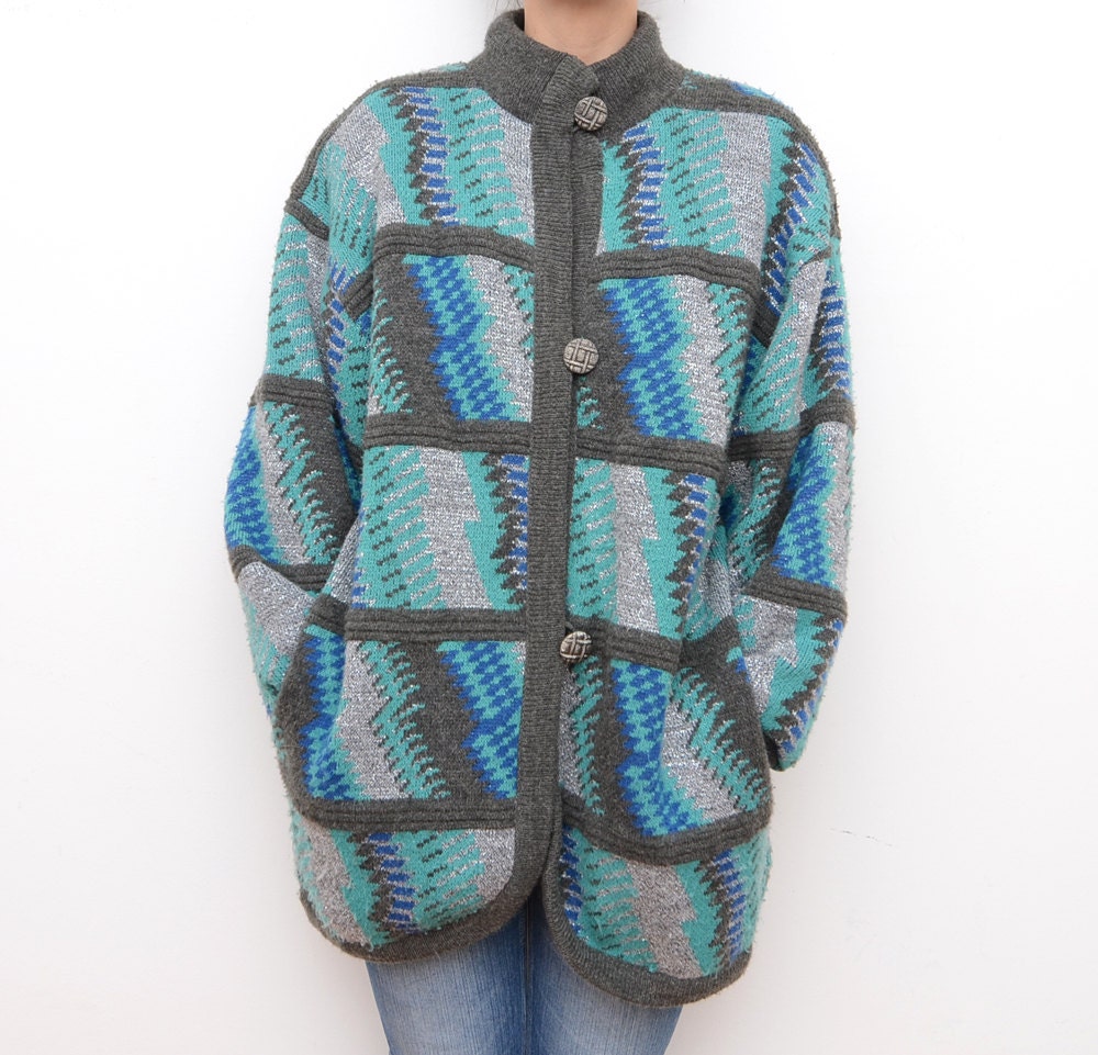 Vintage oversized jacket in silver teal and grey / outerwear / coat / cardigan / S M L