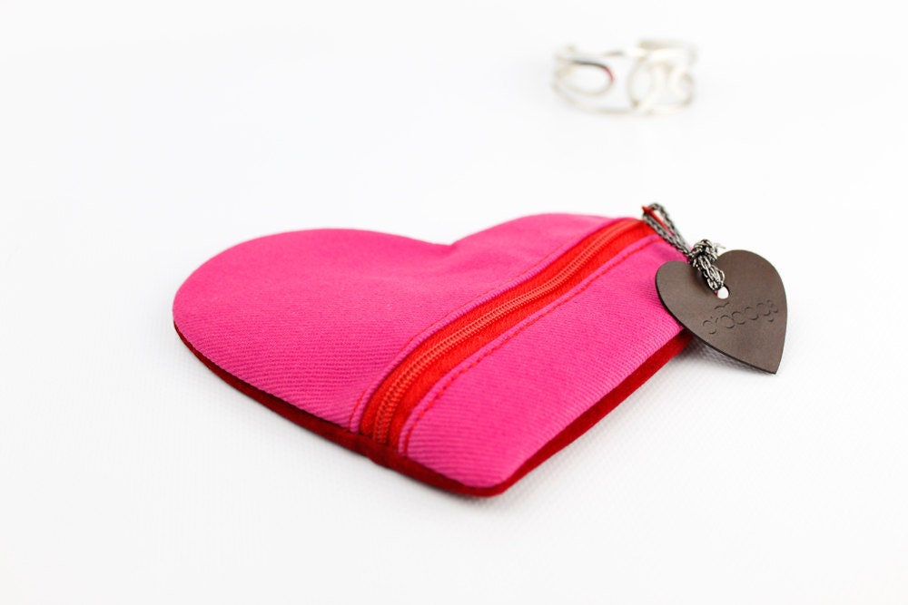 Heart Coin Purse - Pink & Red - Denim and Suede - Birdbags "Love Hummingbird"